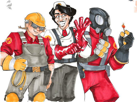 Engie, Medic and Pyro - inkpen and copic markers